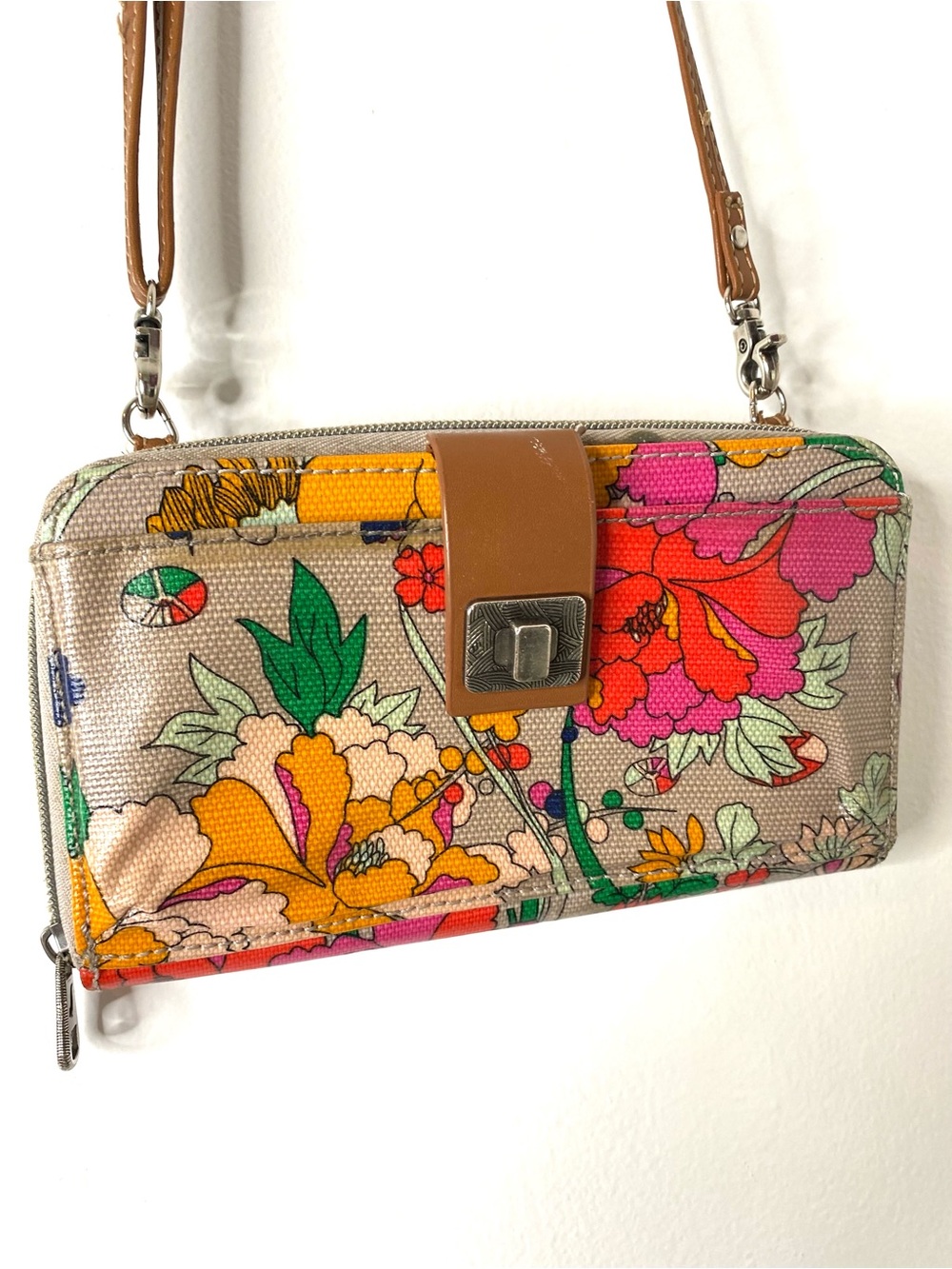 Sakroots Floral Crossbody Wallet in Beige, Pink, Orange, Yellow, Green - Picture 3 of 12